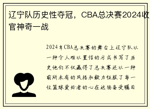 辽宁队历史性夺冠，CBA总决赛2024收官神奇一战
